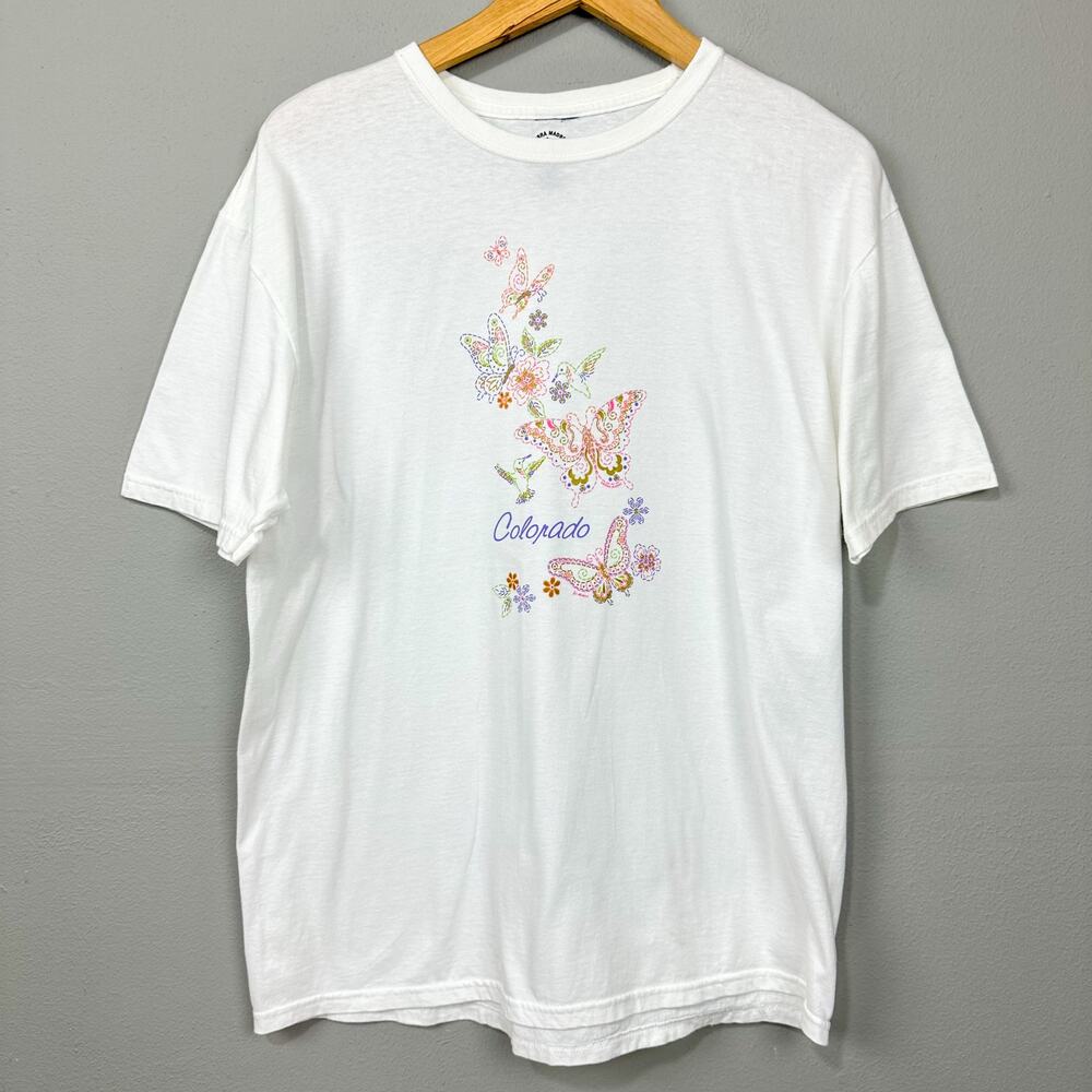 Vintage 90s Sierra Madre Colorado Graphic T-Shirt Size L White Granny Butterfly‎